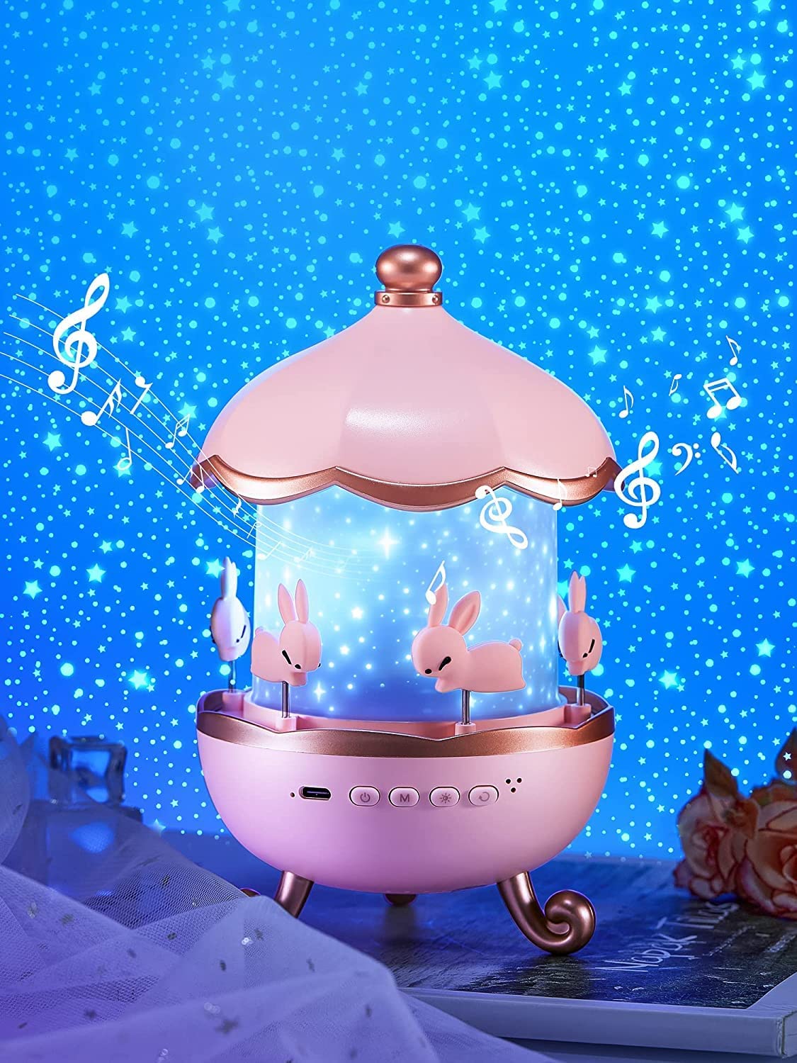Pudami Star Light Projector for Kids – 6 Projection Films, 5 Color Modes, Rotating Rabbit Night Light